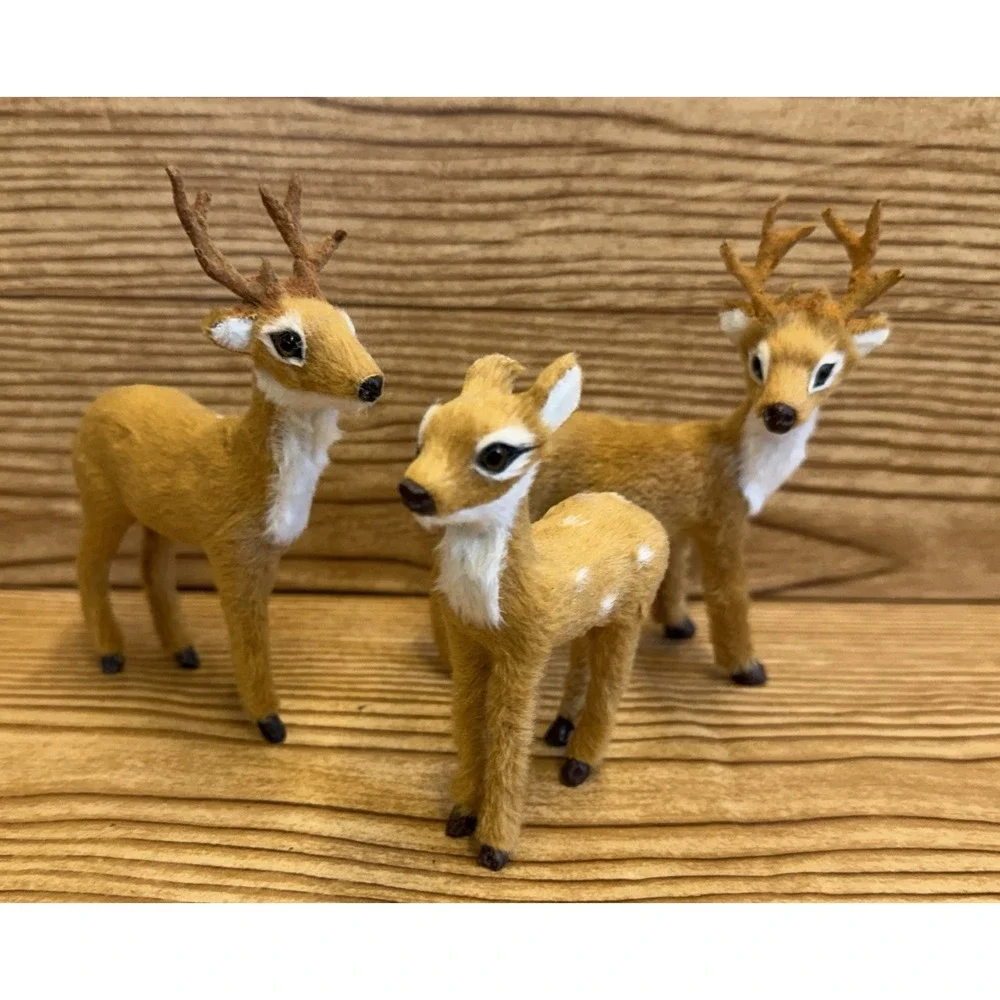 Lot of 3 Flocked Deer Family Buck Doe Fawn Reindeer Set Village